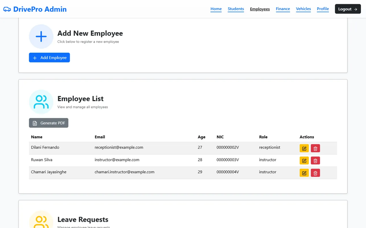Admin Employee Management page with an Add Employee action and an employee list with name, email, age, NIC, role and edit and delete actions