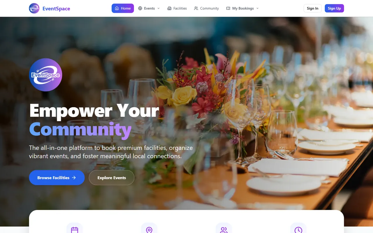 EventSpace home page with the headline Empower Your Community and buttons to browse facilities and explore events