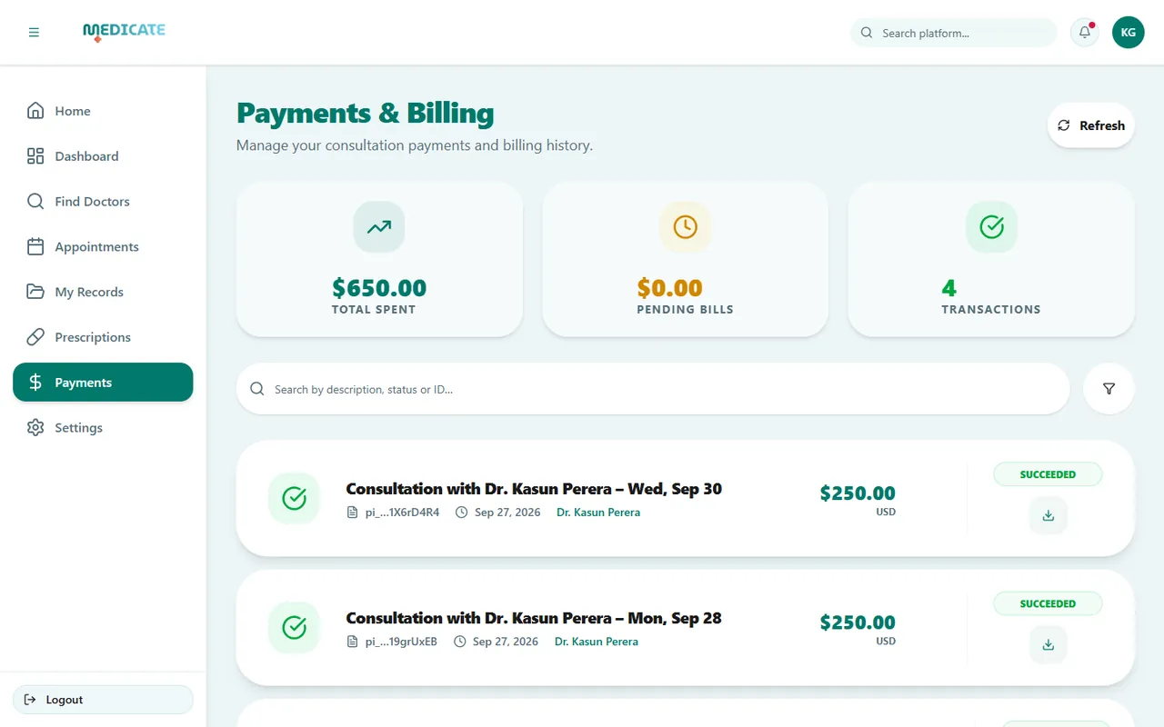 Medicate patient Payments and Billing page with total spent, pending bills and a list of succeeded Stripe consultation payments